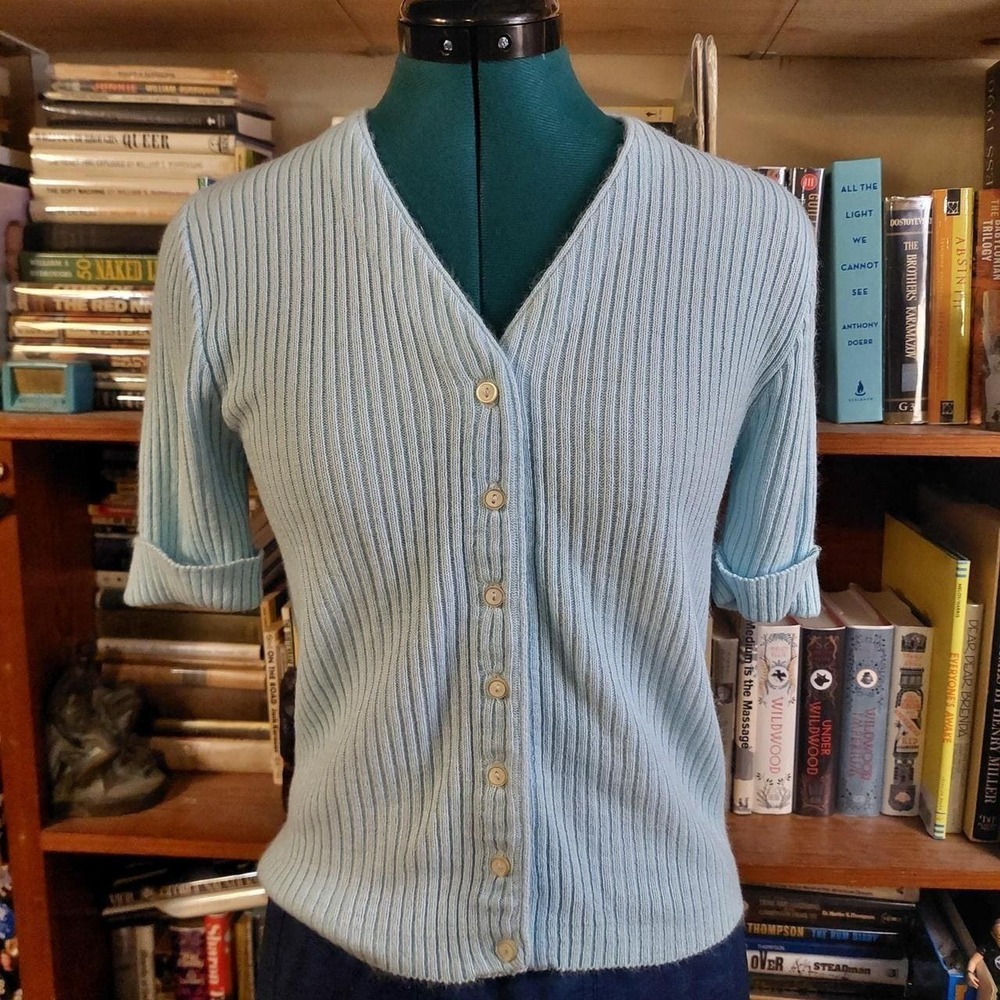 Vintage‎ 70s JCPenney Baby Blue Ribbed Knit Short Sleeve Cardigan Sweater Medium
